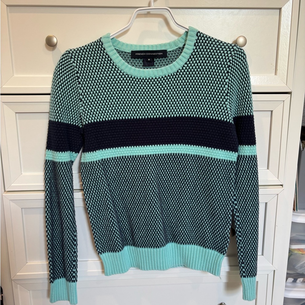 French Connection Women's Aqua and Navy Crew Neck Sweater